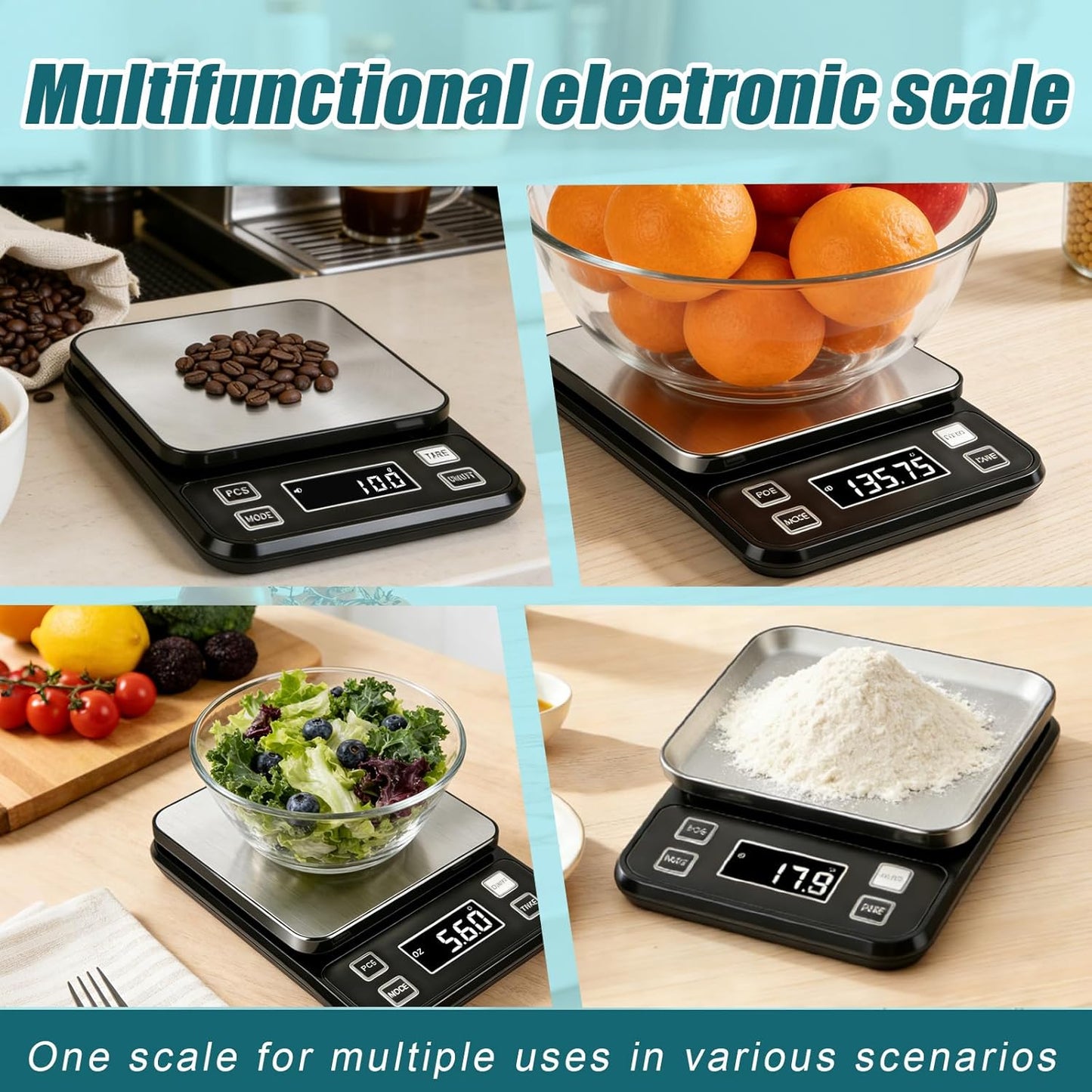 Waterproof Food Scale, 22lb Digital Kitchen Scale with Batteries, 304 Stainless Steel Precision Gram Scale for Baking, Cooking, Meal Prep, Tare Function