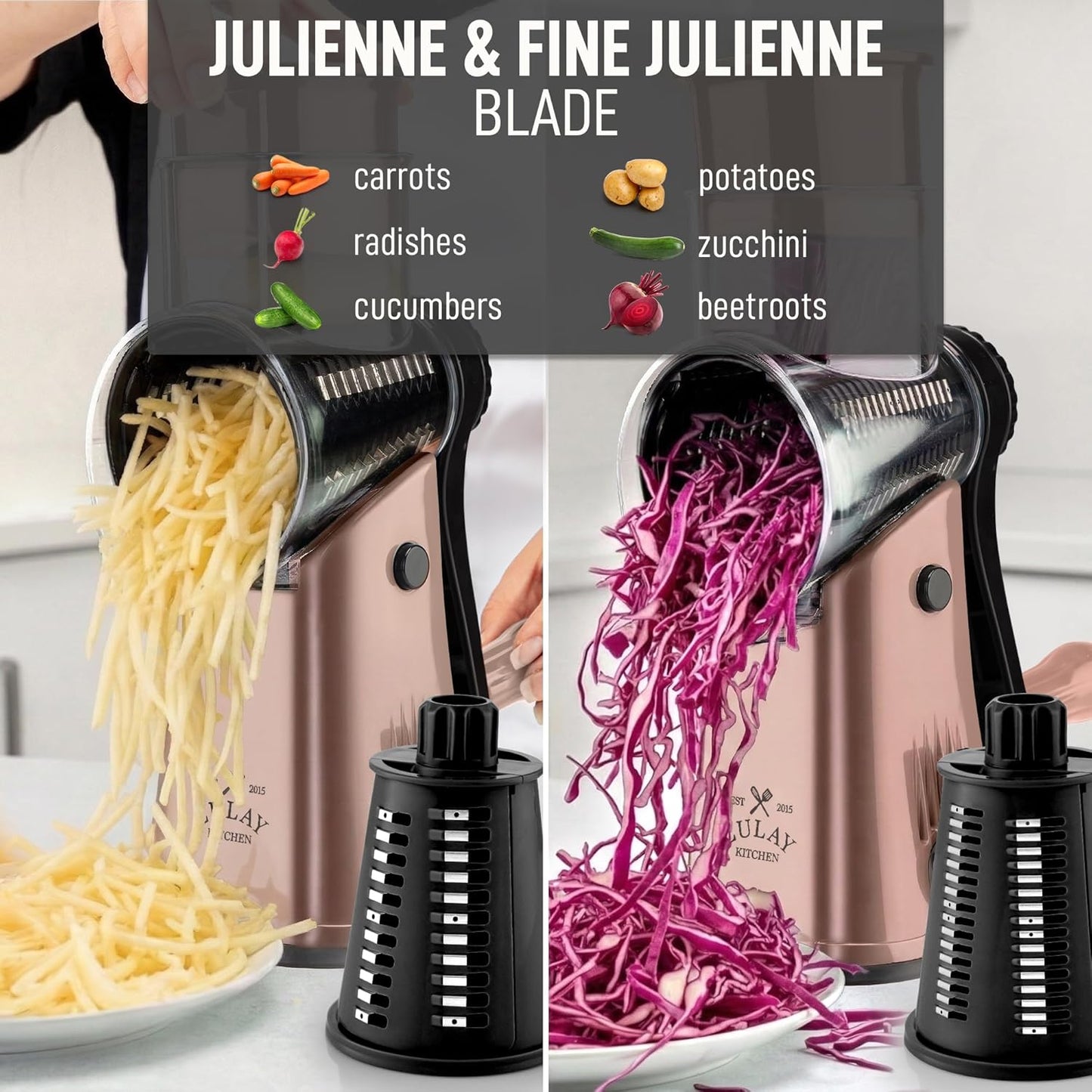 Zulay Kitchen Rotary Cheese Grater 5 Blade Cheese Shredder - Manual Hand Crank Cheese Grater With Reinforced Suction & 5 Interchangeable Drums - Easy to Use, Vegetable Chopper Round Mandoline Slicer - Colors A