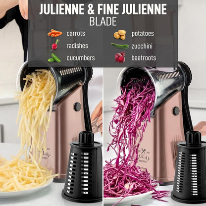 Zulay Kitchen Rotary Cheese Grater 5 Blade Cheese Shredder - Manual Hand Crank Cheese Grater With Reinforced Suction & 5 Interchangeable Drums - Easy to Use, Vegetable Chopper Round Mandoline Slicer - Colors A