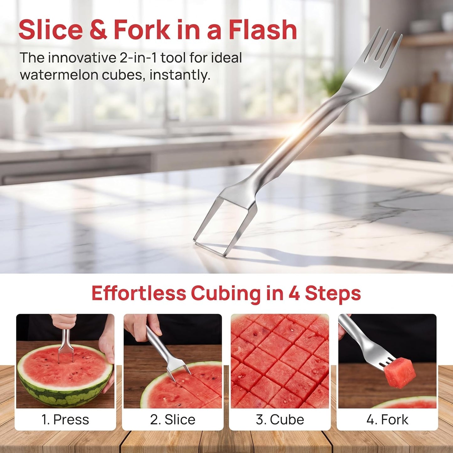 Watermelon cutter, two-in-one stainless steel fruit slicer, upgraded portable watermelon fork, a small fruit fork-slicer tool suitable for use in households, gatherings, camping and kitchens.(1pcs)