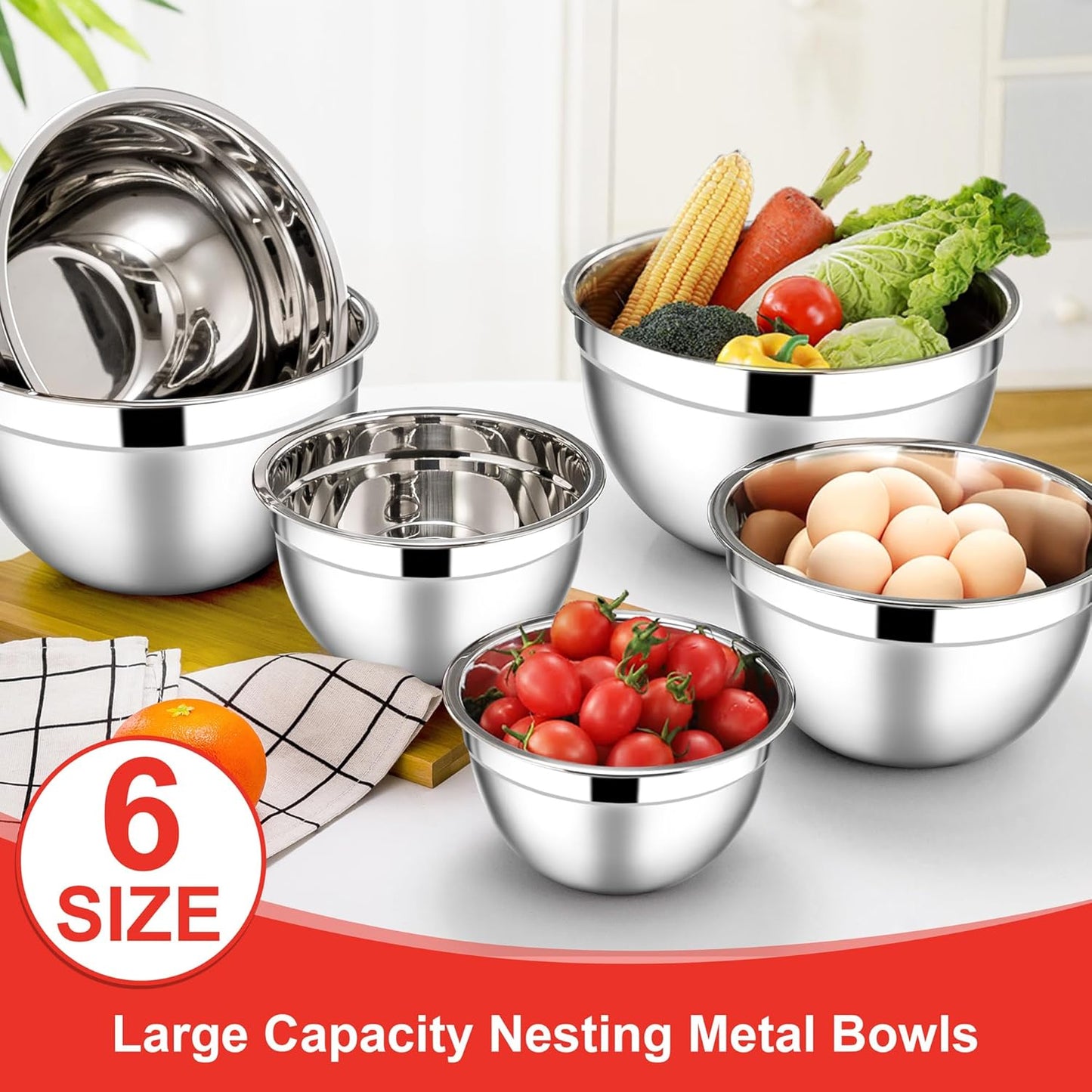E-far Mixing Bowls with Lids, 6-Piece Stainless Steel Salad Bowls Metal Nesting Bowls for Baking Cooking and Prepping, Airtight Lids & Stackable Design, Size 4.5, 3, 1.5 QT (Black)