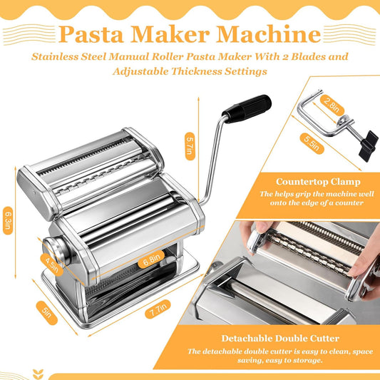 Hushee 8 Pcs Pasta Maker Machine Set Including Stainless Steel Noodle Maker Machine Wood Pasta Drying Rack Ravioli Stamp Maker Cutter with Pasta Cutter Wheel Mini Rolling Pin Cleaning Brush