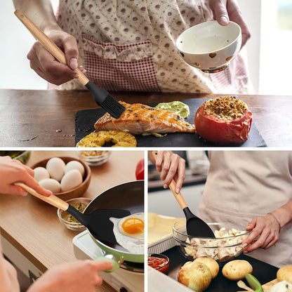 E-far Cooking Utensils Set of 6, Silicone Kitchen Utensils with Wooden Handle, Non-stick Cookware Friendly & Heat Resistant, Includes Spatula/Ladle/Slotted Turner/Serving Spoon/Spaghetti Server(Khaki)