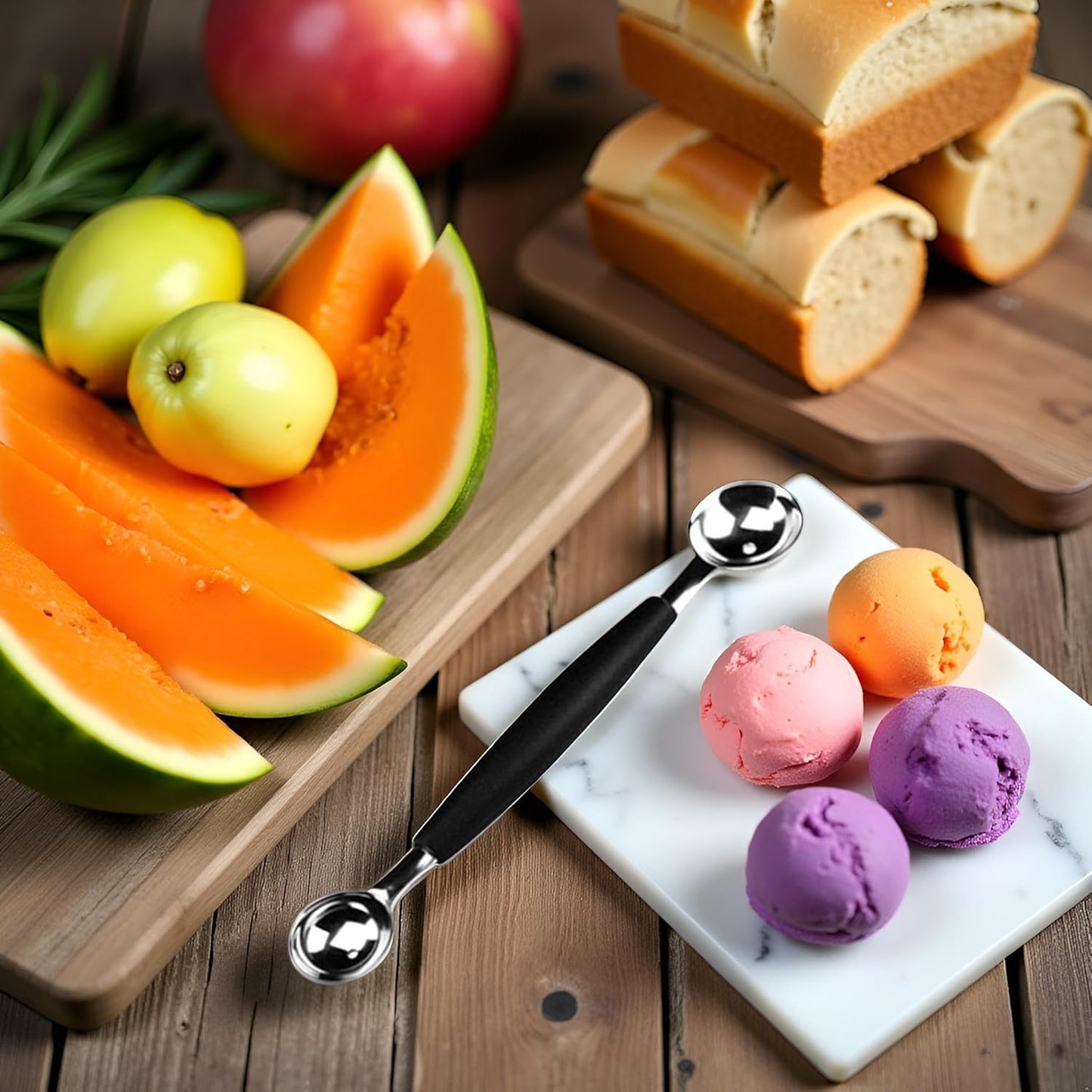 2 in 1 Black Stainless Steel Melon Ballers Melon Scoop,Double-Sided Fruit Melon Baller Spoon, Suitable Watermelon Cantaloupe Ice Cream Comfortable Non-Slip Grip，Kitchen Utensils and Gadgets