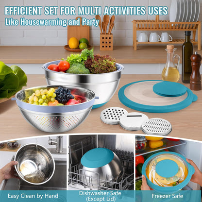 P&P CHEF 4-In-1 Stainless Steel Colander with Bowl Set, Rotatable Strainers for Kitchen, Fruit Cleaner, Washing Fruit & Draining Pasta, Mixing Bowl and Lid with Grater for Salad, Khaki