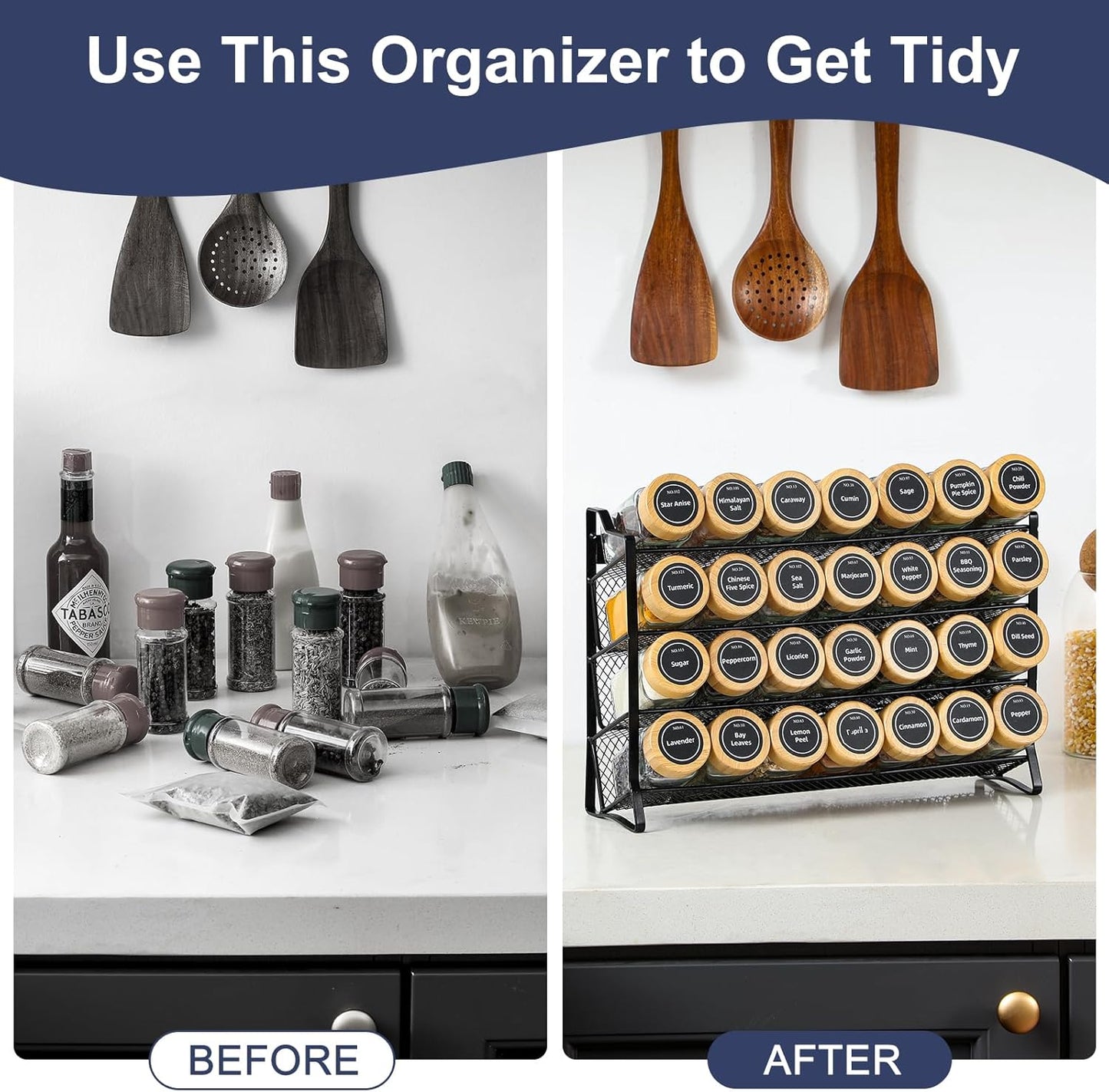 AOZITA Spice Rack Organizer for Cabinet, Spice Organizer with 28 Empty Spice Jars with Black Lids, Funnel, Spice Labels, Seasoning Organizer for Countertop, Cabinet, Kitchen, Pantry, Cupboard