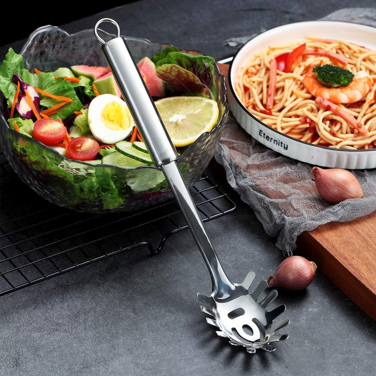 Berglander Pasta Fork, Stainless Steel Pasta Server, Spaghetti Spoon, Spaghetti Server, Noddle Fork, Heat Resistant (Silver)