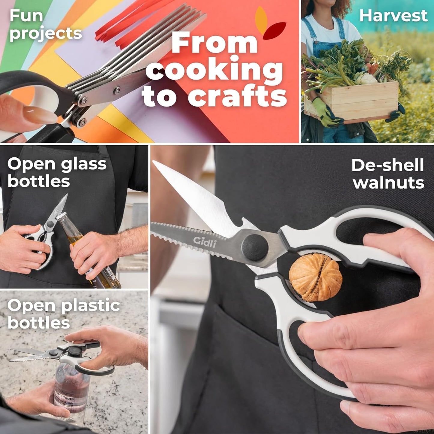Gidli 5 Blade Herb Scissors Set with Heavy Duty Kitchen Shears - Stainless Steel Vegetable Scissors for Fresh Herbs and Salad Prep - Dishwasher Safe 2 Pack with Protective Cover