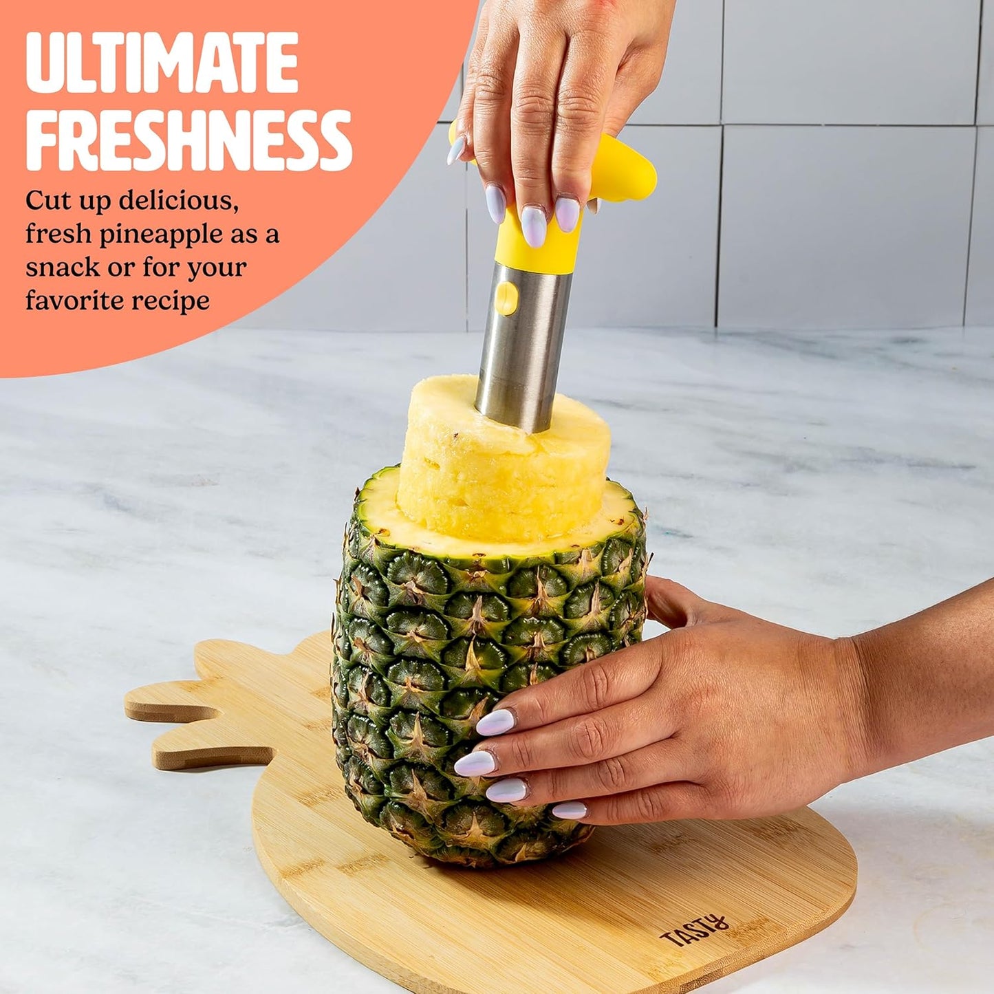 Tasty Pineapple Slicer and Bamboo Board Set, Cores and Slices Pineapples, Set Includes Renewable Bamboo Pineapple Shaped Cutting Board and Stainless Steel Slicer with Nonslip Handle, 2-Piece Set
