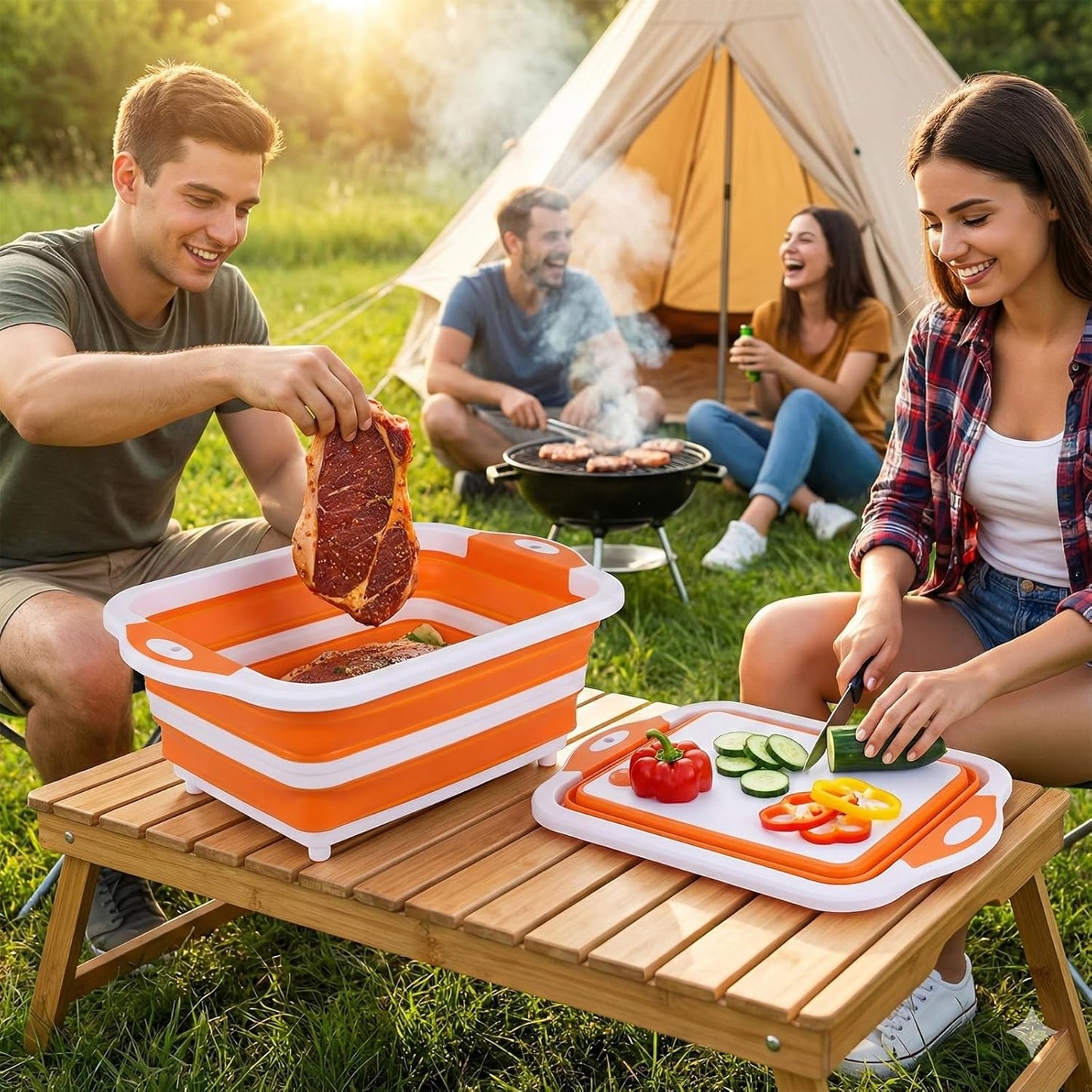 Collapsible BBQ Prep Tub with Lid, Foldable Camping Sink with Colander, Cutting Board, Dish Basin for Kitchen, Bowl, Vegetable and Fruit, Storage Basket for Picnic-Black