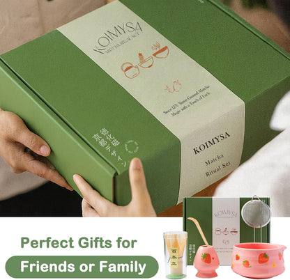 Matcha Whisk Set, 5 Pcs Traditional Japanese Matcha Whisk Preparation Kit, White Glossy Ceramic Bowl with Black Cat and Strawberry Pattern