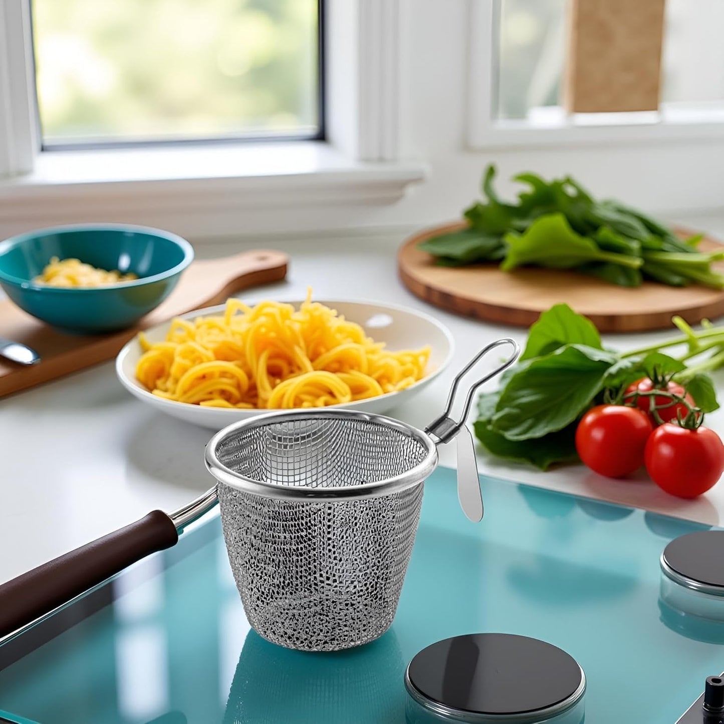 Stainless Steel Pasta Basket, Fine Mesh Strainer with Handle, Mesh Spider Food Dumpling Noodle Strainer Food Strainer Kitchen Utensils