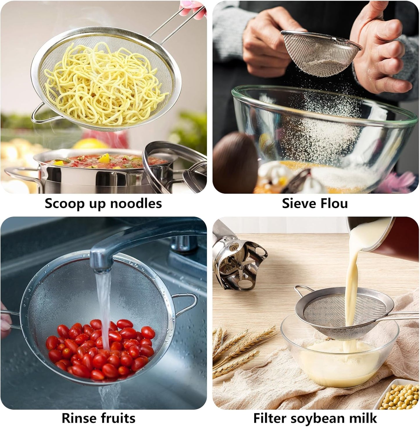6 Pcs Fine Mesh Strainers with Handle, Stainless Steel Sifter Small Medium Large Strainer Set, Metal Sieve for Baking Flour, Tea, Cocktail, Juice