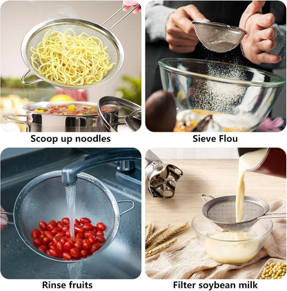 6 Pcs Fine Mesh Strainers with Handle, Stainless Steel Sifter Small Medium Large Strainer Set, Metal Sieve for Baking Flour, Tea, Cocktail, Juice