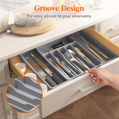 Lifewit Silverware Drawer Organizer, Expandable Utensil Tray for Kitchen, BPA Free Flatware and Cutlery Holder, Adjustable Plastic Storage for Spoons Forks Knives, 11-18 x 14", Black