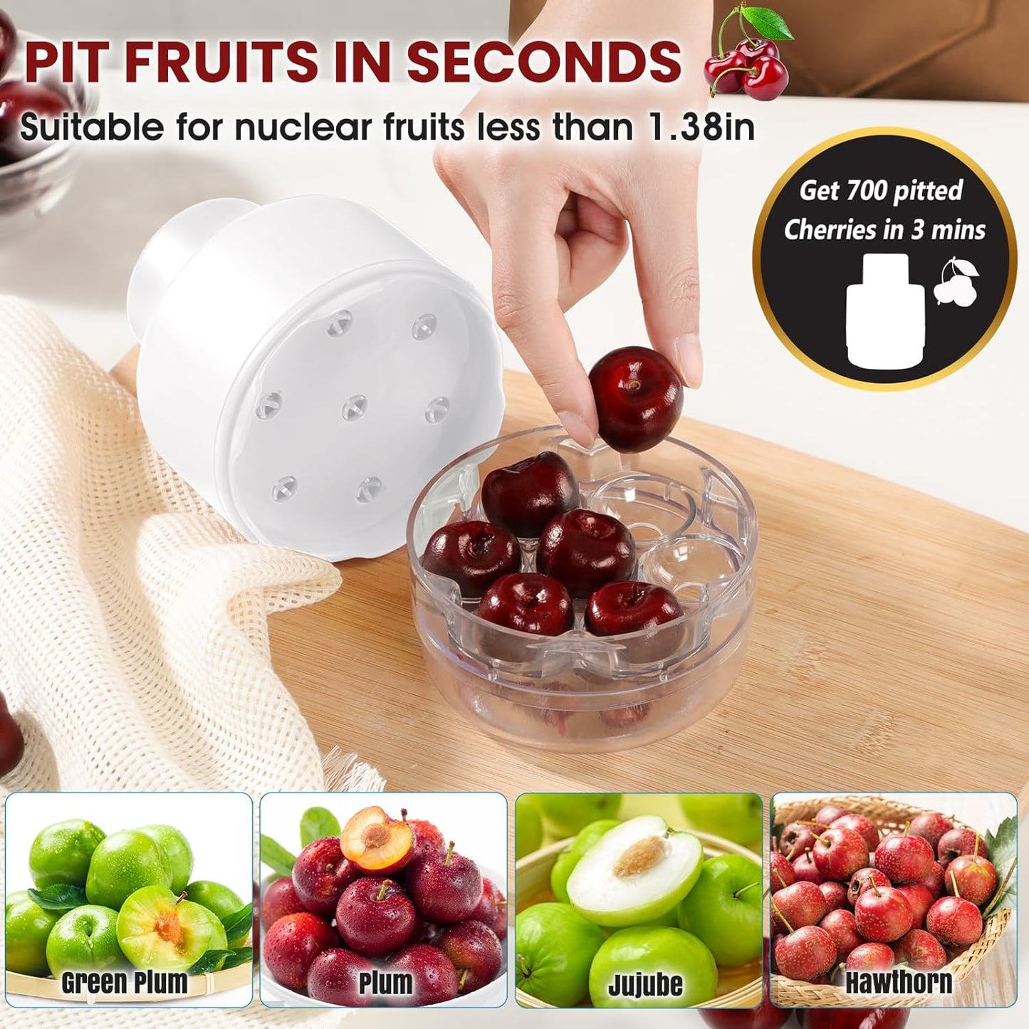 SCHVUBENR 7-IN-1 Large Cherry Pitter Tool - Portable Cherry Corer Pitter with Ergonomic Push Design - Easy to Use for Making Cherry Jam - Pit 7 Cherries at Once, Saving Time & Effort - Red