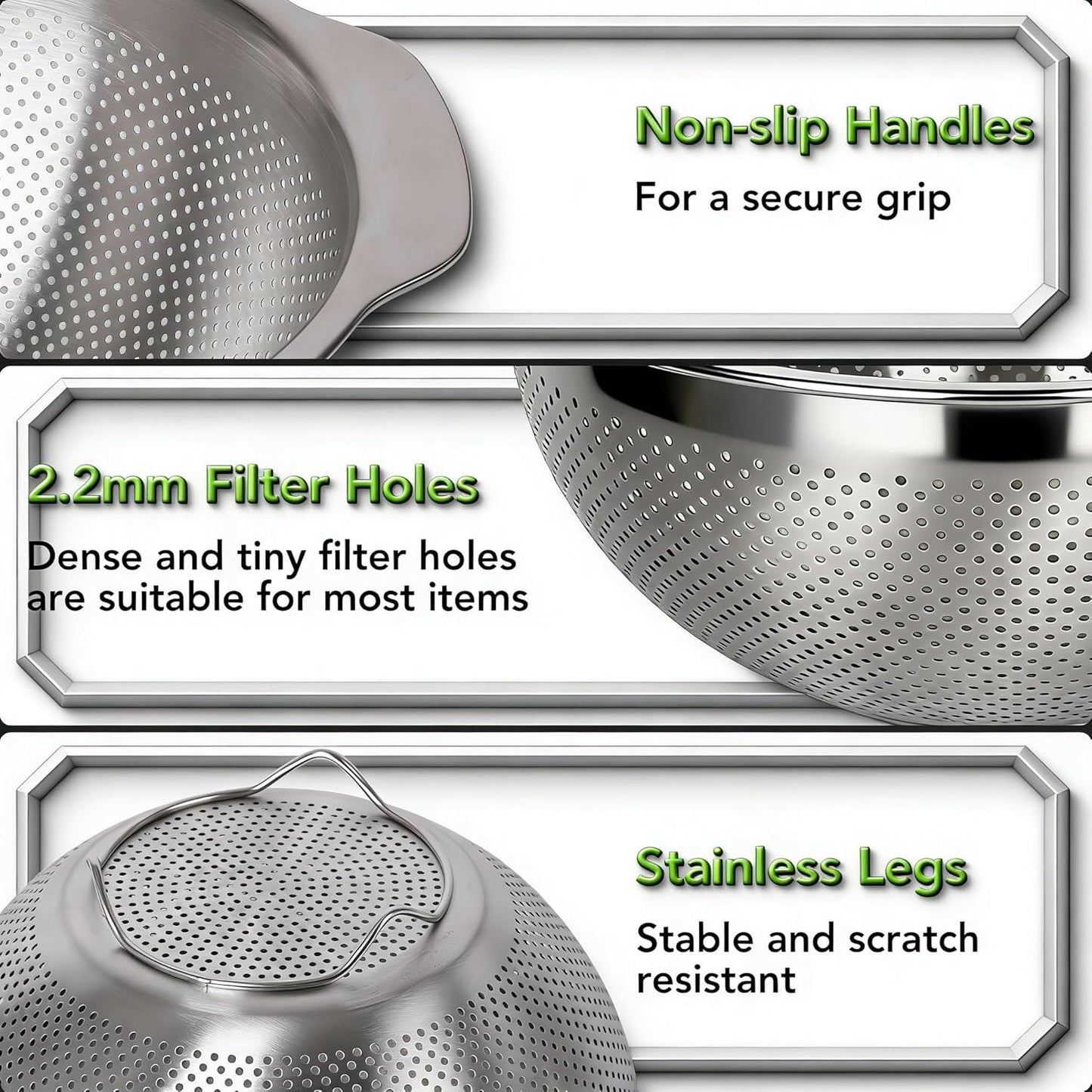 304 Stainless Steel Colander, 2.5 QT Capacity and 2.5 QT Mixing Bowl, Micropore Strainer for Washing Rice, Fruit, and Veggies, Perfect Draining for Cooked Pasta