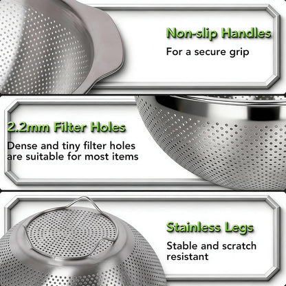 304 Stainless Steel Colander, 2.5 QT Capacity and 2.5 QT Mixing Bowl, Micropore Strainer for Washing Rice, Fruit, and Veggies, Perfect Draining for Cooked Pasta