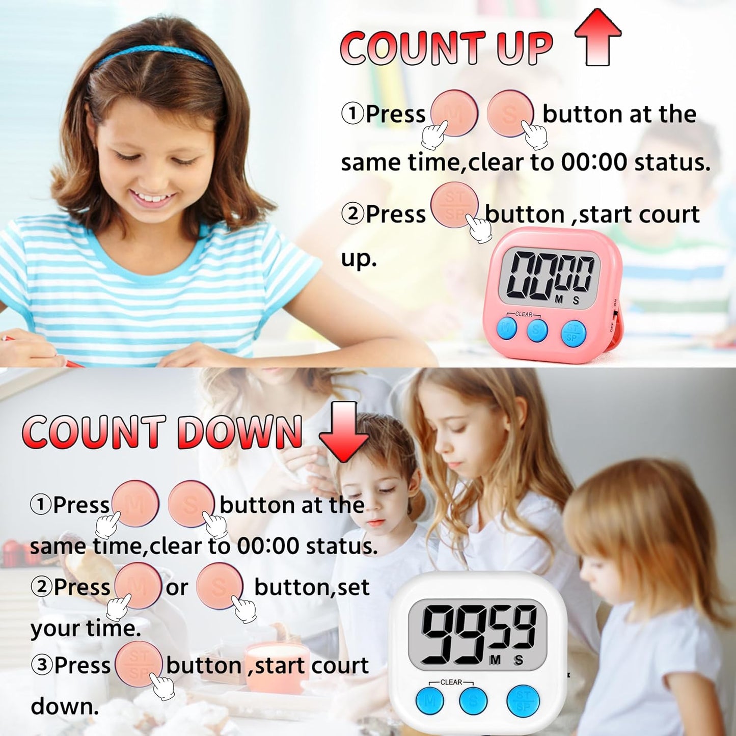 Timer for Kids Teachers Supplies Digital Kitchen Timers for Cooking Large Magnetic Classroom Timer 2Pack-Blue Green