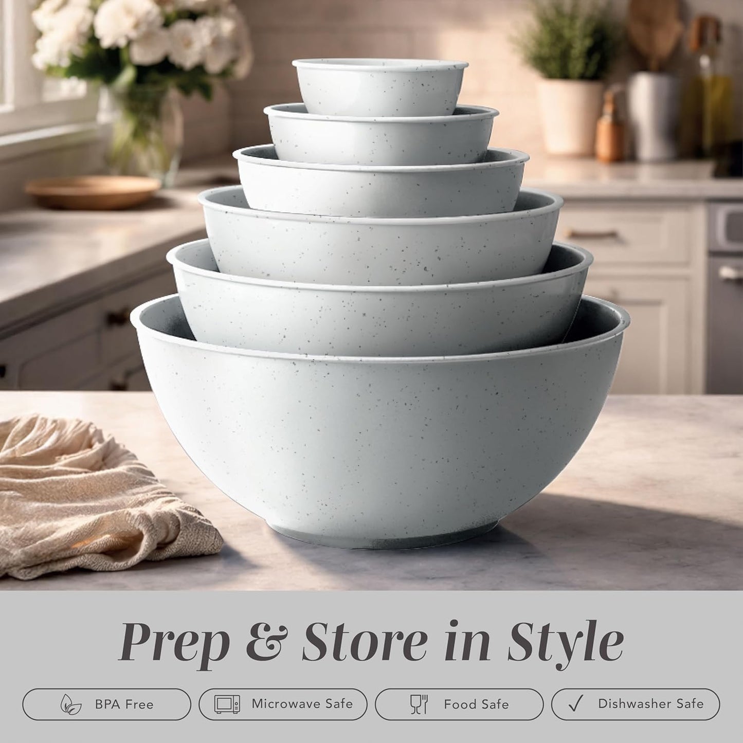 COOK WITH COLOR Mixing Bowls with Lids - 12 Piece Plastic Nesting Bowls Set includes 6 Prep Bowls and 6 Lids, Microwave Safe Mixing Bowl Set, Sage Embossed - Colors A