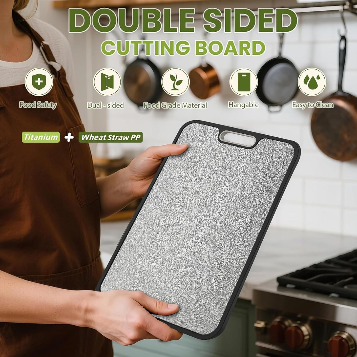 Titanium Cutting Board, 2-in-1 Double Sided Cutting Boards for Kitchen, Pure Titanium & Wheat Straw PP, Metal Chopping Board Easy to Clean for RV/Camping/Kitchen with Avocado Slicer 16"x11"
