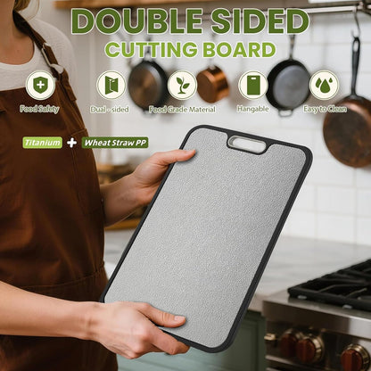 Titanium Cutting Board, 2-in-1 Double Sided Cutting Boards for Kitchen, Pure Titanium & Wheat Straw PP, Metal Chopping Board Easy to Clean for RV/Camping/Kitchen with Avocado Slicer 16"x11"