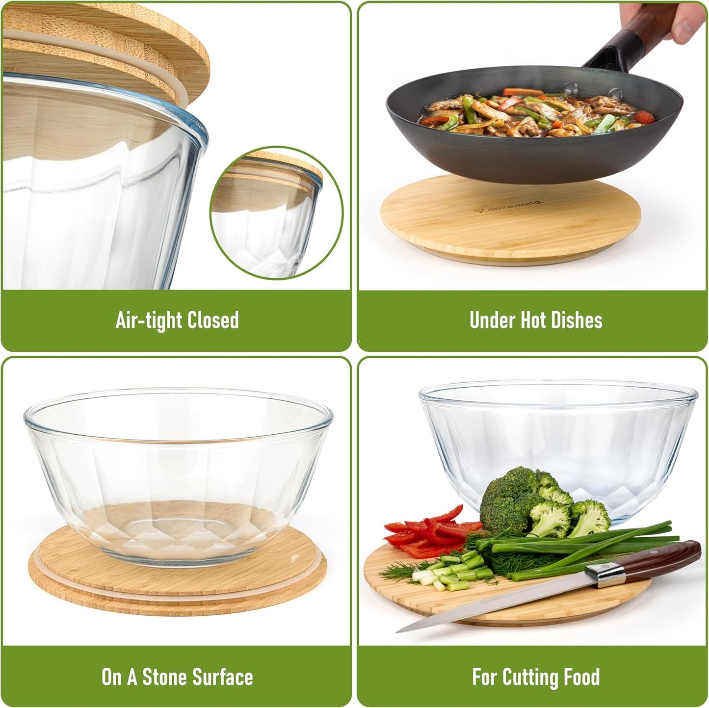 Set of 5 Nesting Glass Bowls with New Updated Acacia Lids for Foodprep, Storage, Mixing & Cooking - Microwave & Oven-ready BPA Free Durable Heat Resistant Inert Borosilicate Glass