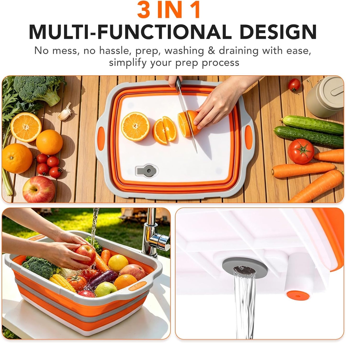 ZYIIXYO Collapsible BBQ Prep Tub with Locking Lid, Collapsible Bucket with Drain Plug, Thickened 3-in-1 Food Prep Tub with Easy Cutting Board, Foldable Camping Sink, 2 Gallons/8L Capacity, Orange
