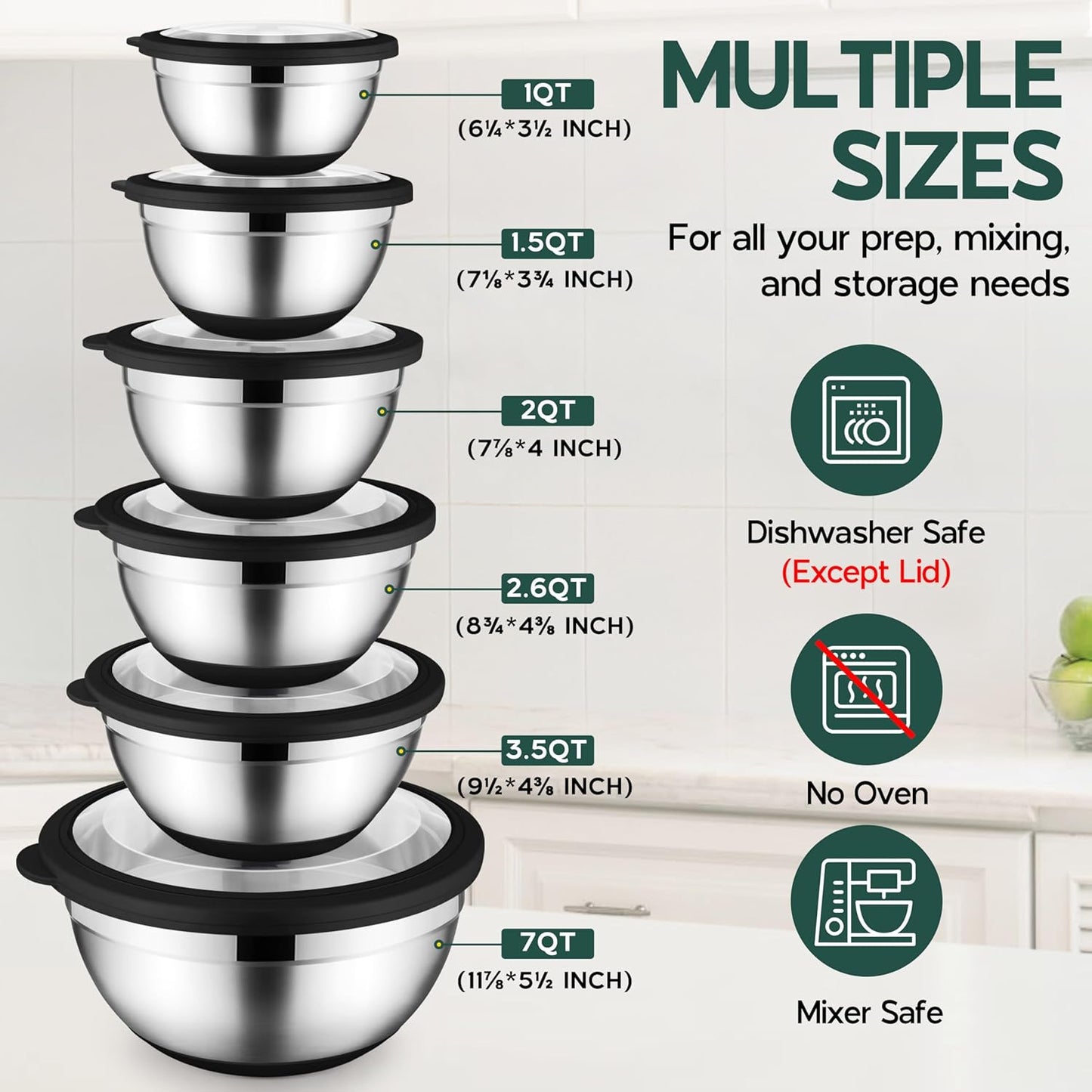 Onader Mixing Bowls with Lids Set of 6, Large Metal Nesting Mixing Bowls, Stainless Steel Non-Slip Salad Bowl Khaki – Size 1, 1.5, 2, 2.6, 3.5, 7QT