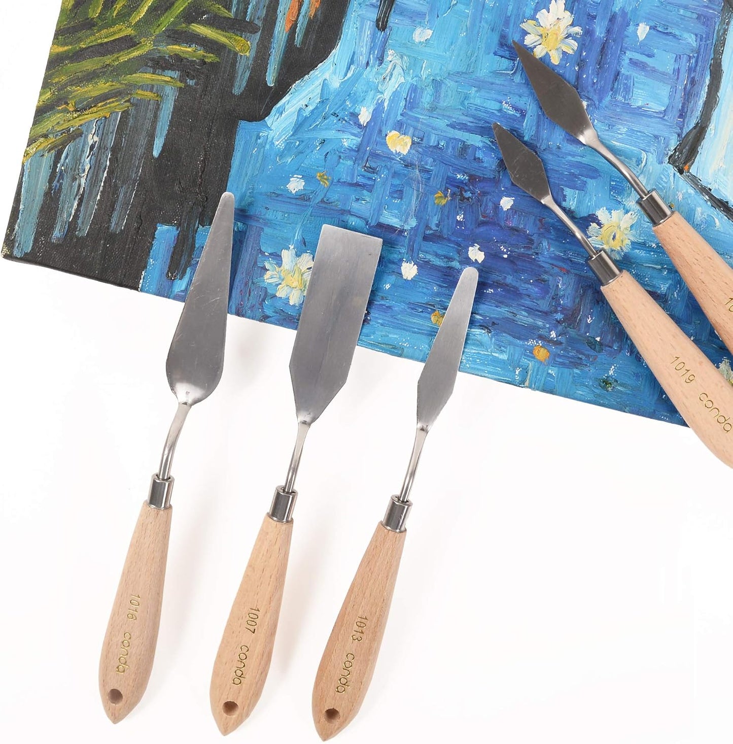 CONDA Palette Knife Painting Stainless Steel Spatula Palette Knife Oil Paint Metal Knives Wood Handle (Red 5 Piece)