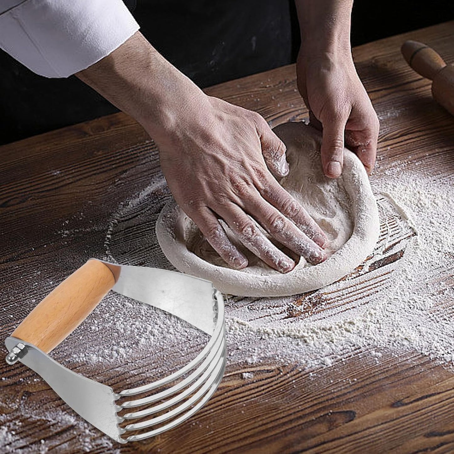 Stainless Steel Dough Cutter and Pastry Blender with Wooden Handle, Metal Flour Scraper Baking Tool for Home Kitchen Dough Mixing and Baking Preparation
