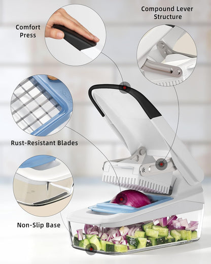 MR.SIGA Vegetable Chopper with Container, 2 in 1 Manual Hand Food Chopper with 2 Stainless Steel Chopping Blades for Potato Strips, Onion Cubers, Carrot Sticks, White & Black