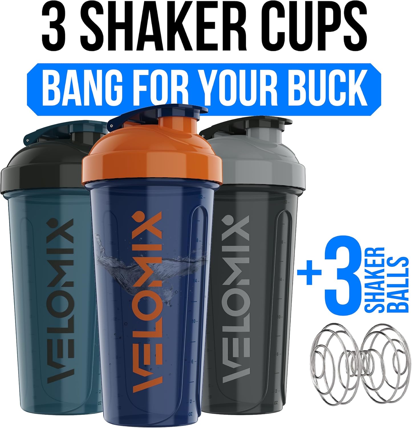 VELOMIX -2 Pack- 28 oz Protein Shaker Bottles for Protein Mixes - 2x Wire Whisk | Leak Proof Shaker Cups for Protein Shakes | Protein Shaker Bottle Pack (Black/Transparent)