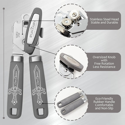 Manual Can Opener with Magnet – Heavy Duty Hand Can & Bottle Opener, Stainless Steel Blade Smooth Edge Cutter, Ergonomic Rubber Grip, Easy Turn Kitchen Tool for Seniors, Arthritis Friendly (Black)