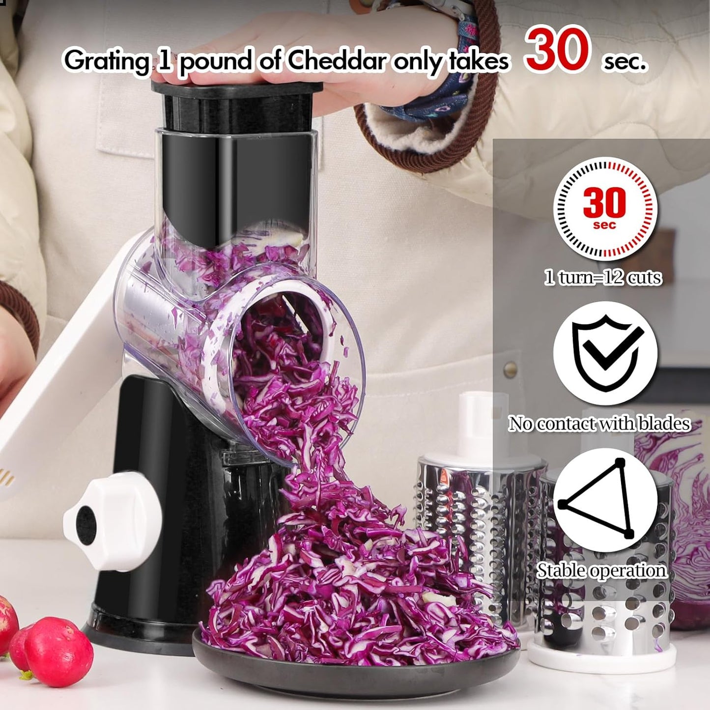 Ourokhome Rotary Cheese Grater Hand Crank, Kitchen Shredder Speed Mandolin Slicer Nut Grinder with Handle and Drum Blades for Cheese, Vegetable, Walnut, Chocolate, Potato, Carrot, 3 Blades, Dark Blue