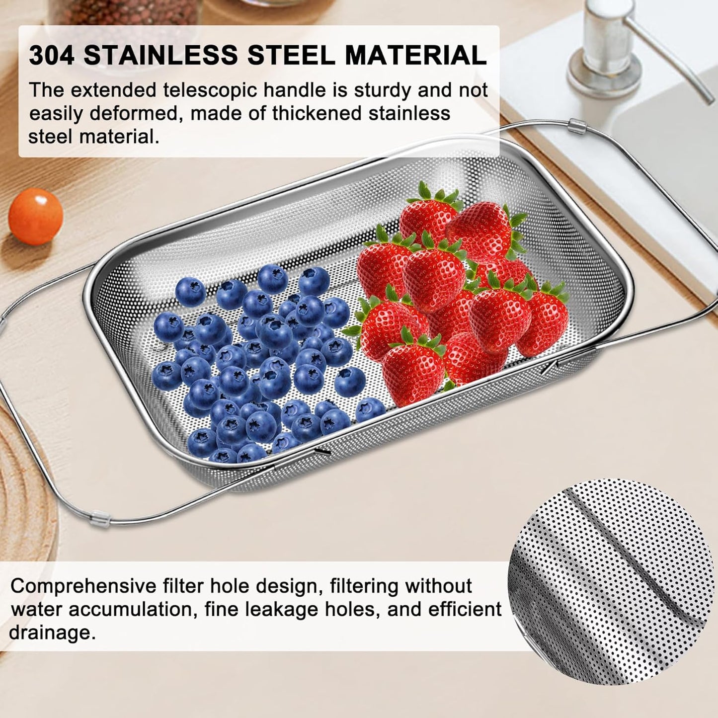 Adjustable Over Sink Colander, 14.2" to 17.4" Expandable Fine Mesh Food Strainer, Dishwasher Safe Drain Basket for Vegetables Fruit Pasta, Fits Small & Medium Kitchen Sinks