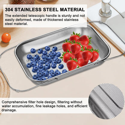 Adjustable Over Sink Colander, 14.2" to 17.4" Expandable Fine Mesh Food Strainer, Dishwasher Safe Drain Basket for Vegetables Fruit Pasta, Fits Small & Medium Kitchen Sinks