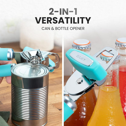 Zulay Kitchen Heavy Duty Stainless Steel Can Opener Manual with Bottle Opener - Rust Proof Manual Can Opener With Turn Knob & Comfy Soft Grip Handles - Black