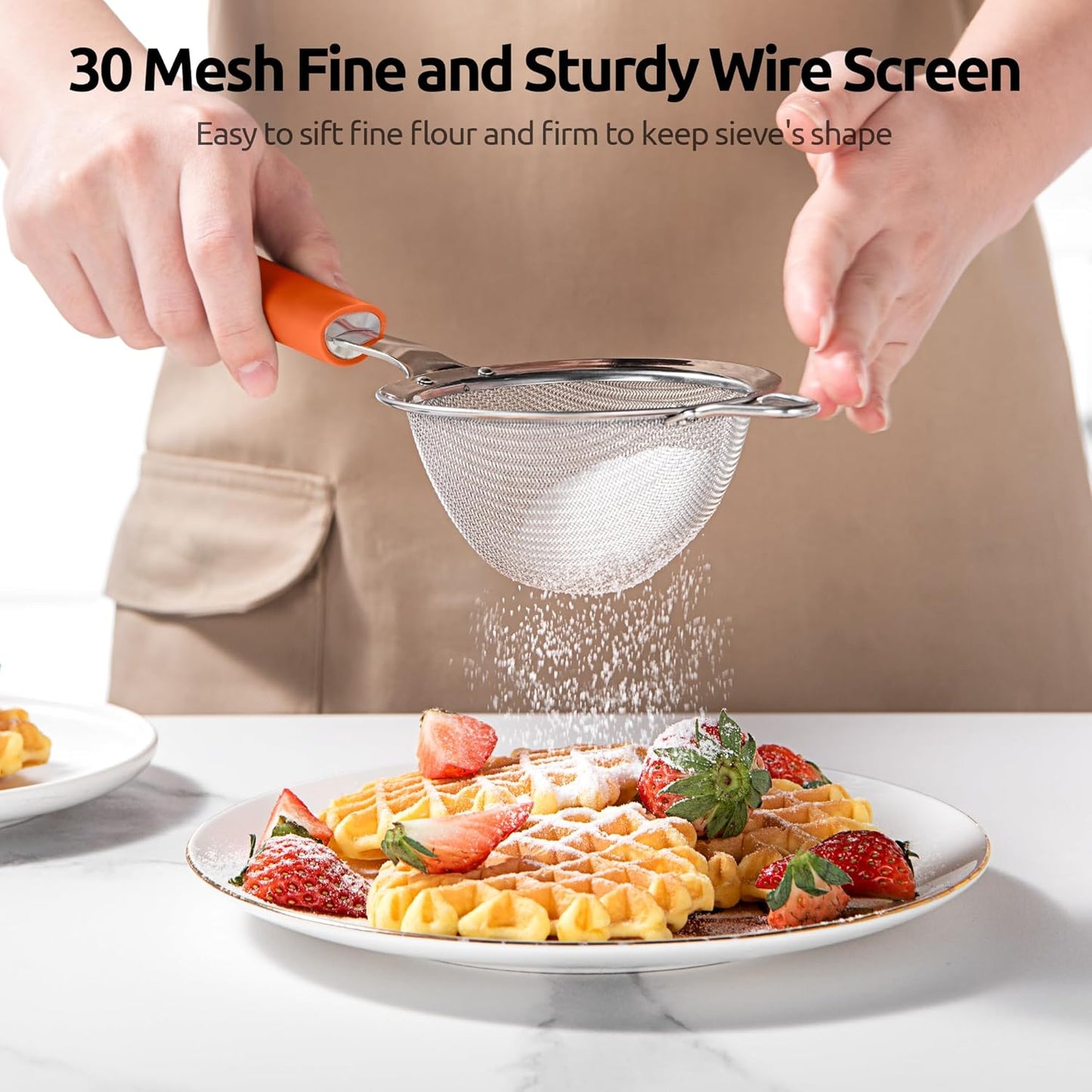U-Taste Medium Fine Mesh Strainer: 18/8 Stainless Steel 4.73in 30 Mesh Kitchen Food Sieve with Sturdy Riveted Silicone Handle, Heavy Duty Deep Handheld Metal Colander for Rice, Quinoa, Flour (Black)