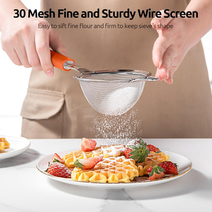 U-Taste Medium Fine Mesh Strainer: 18/8 Stainless Steel 4.73in 30 Mesh Kitchen Food Sieve with Sturdy Riveted Silicone Handle, Heavy Duty Deep Handheld Metal Colander for Rice, Quinoa, Flour (Black)