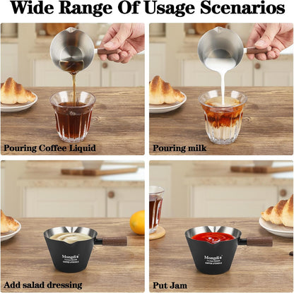 Mongdio Espresso Measuring Cup, Stainless Steel Espresso Shot Cups with Wooden Handle and Double Spouts, 6.8OZ/200ML, White