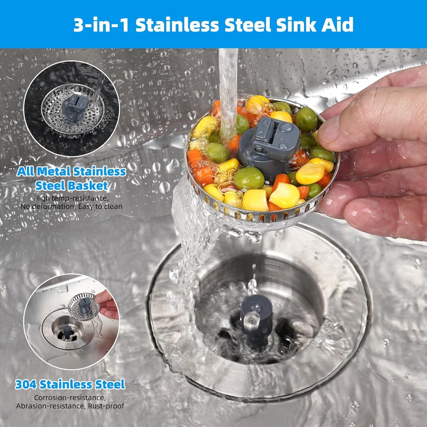 Hibbent Upgraded 3 in 1 Kitchen Sink Drain Strainer and Stopper Combo, Stainless Steel Metal Pop Up Sink Stopper, Anti-Clogging Basket with Foldable Handle for US Standard 3-1/2 Inch Drain
