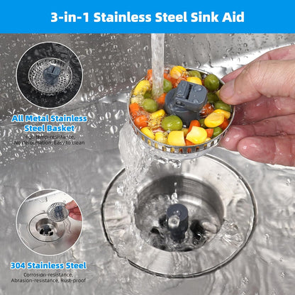 Hibbent Upgraded 3 in 1 Kitchen Sink Drain Strainer and Stopper Combo, Stainless Steel Metal Pop Up Sink Stopper, Anti-Clogging Basket with Foldable Handle for US Standard 3-1/2 Inch Drain