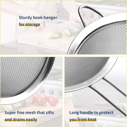 Supercenter Fine Mesh Strainer, Stainless Steel Fine Mesh Sieve, Set of 3 Small Strainers Fine Mesh for Kitchen, Silver Colander Sieve Sifter with Long Handle, 3.4", 5.8", 7.8"