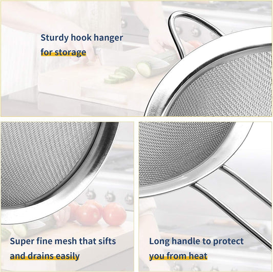 Supercenter Fine Mesh Strainer, Stainless Steel Fine Mesh Sieve, Set of 3 Small Strainers Fine Mesh for Kitchen, Silver Colander Sieve Sifter with Long Handle, 3.4", 5.8", 7.8"