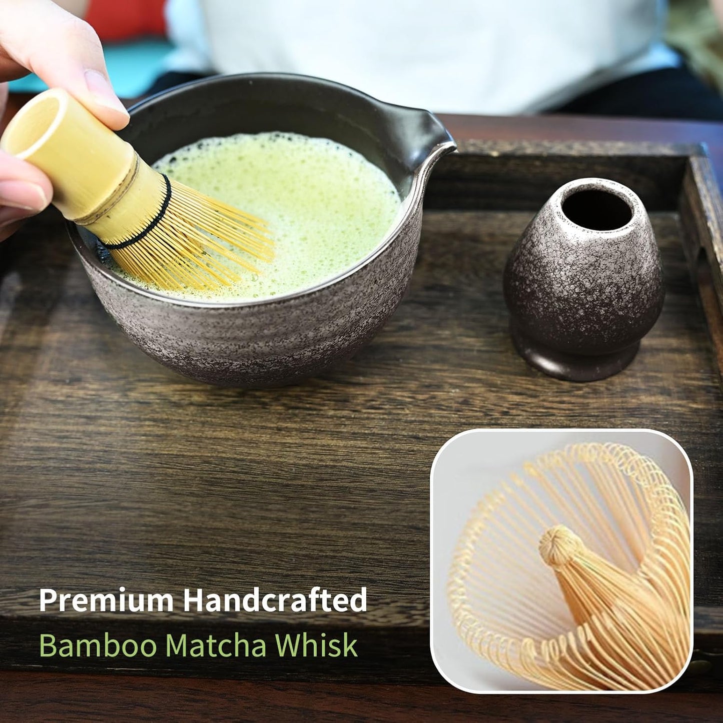 Matcha Whisk Set,Matcha Set Includes Ceramic Bowl with Spout,Stainless Sifter,Scoop,Whisk and Holder,Complete 5 Pcs Japanese Matcha Kit Making Tools,Green