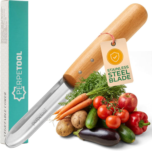 Vegetable & Fruit Corer Tool with Wooden Handle – Zucchini, Eggplant, Pepper & Apple Corer, Stainless Steel Seed Remover, Easy & Safe Stuffing Tool