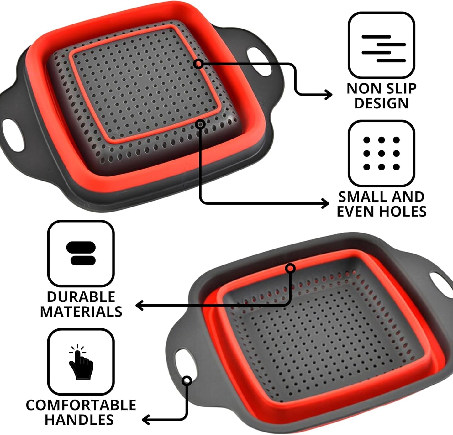 Green Kitchen Strainer Colander Set - 2 PCS Multifunctional Colander Silicone Food Strainers for Kitchen for Pasta and Spaghetti Collapsible with Plastic Handles