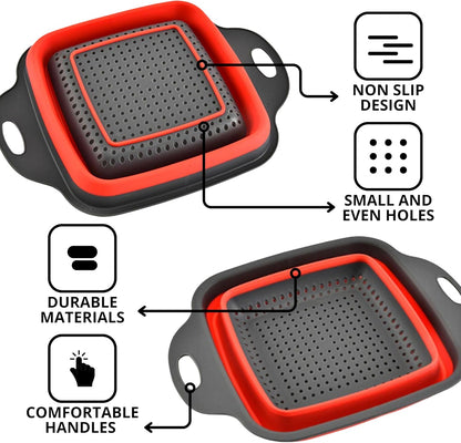 Green Kitchen Strainer Colander Set - 2 PCS Multifunctional Colander Silicone Food Strainers for Kitchen for Pasta and Spaghetti Collapsible with Plastic Handles