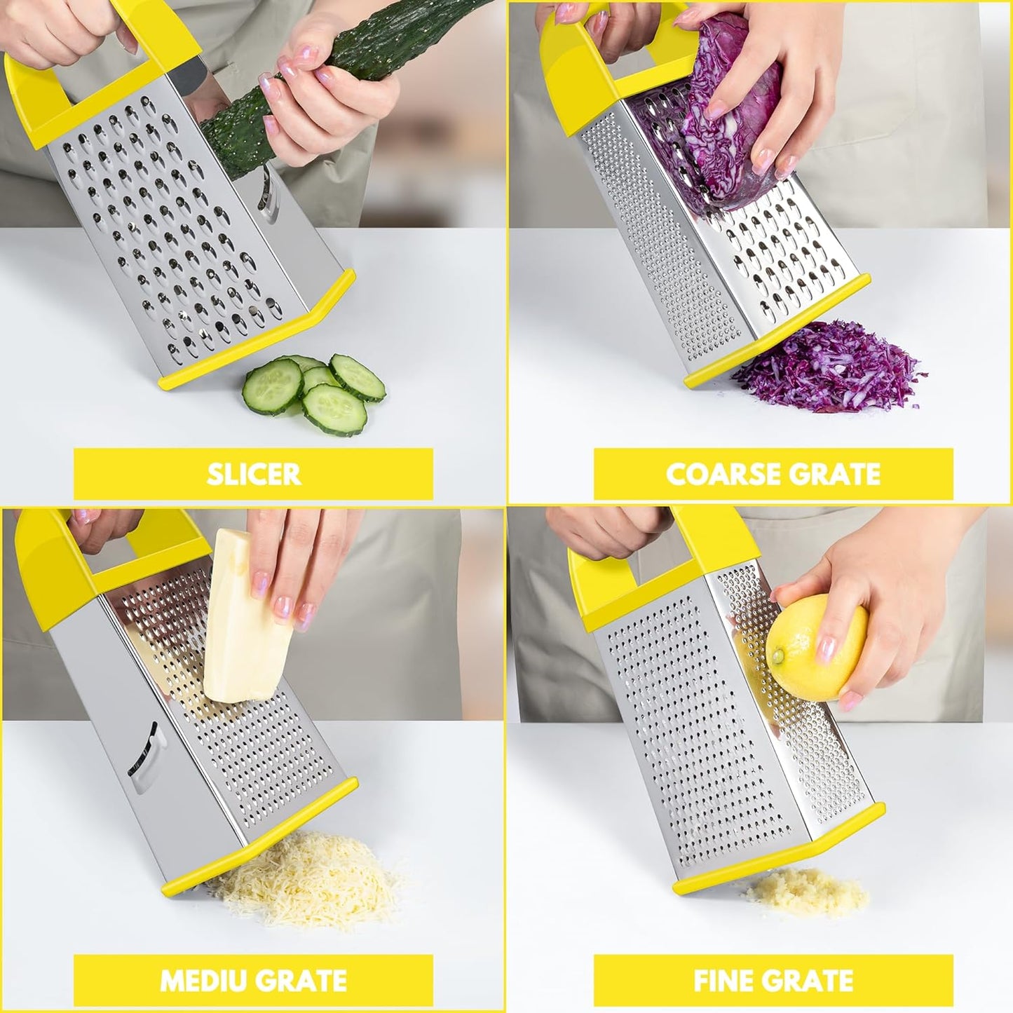 Urbanstrive Cheese Grater With Container, Professional Cheese Grater with Handle, Stainless Steel Graters for Kitchen Handheld, Box Grater with 4 Sides for Vegetables, Ginger, Potatoes (Blue)